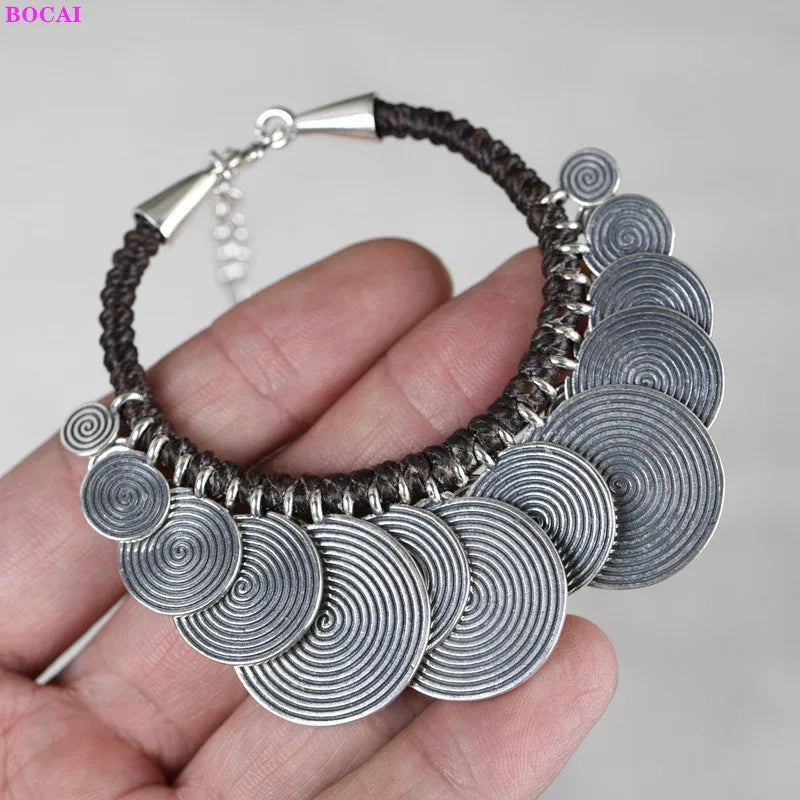 BOCAI Real Sterling Silver S925 Bracelet 2022 Retro Creative Design Woven Wax Rope-Chain Round Plate Pure Argentum Hand String