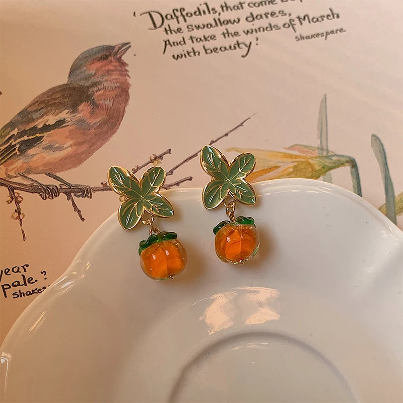 Persimmon Flower Leaf Stud Earrings
