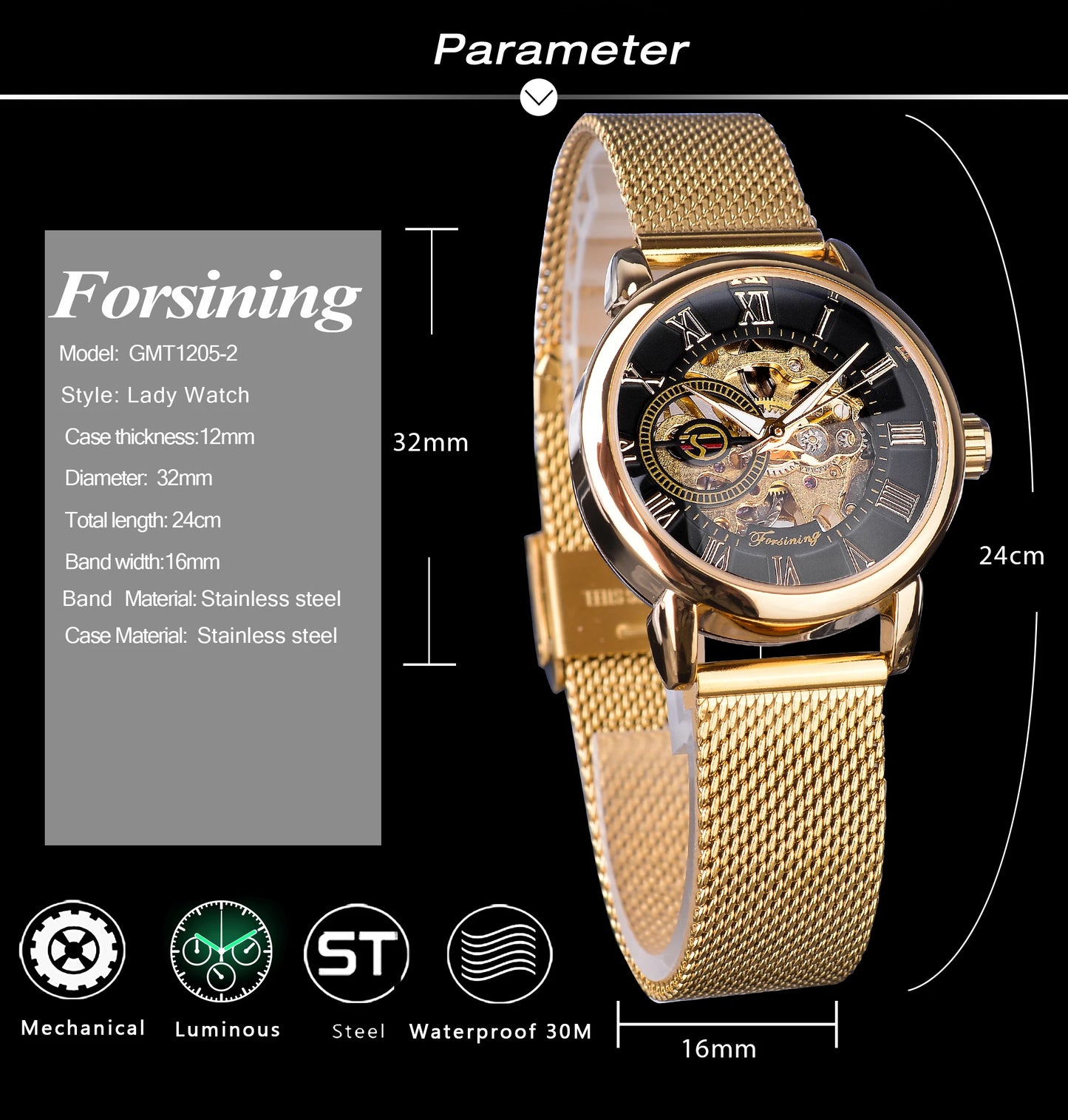 Fashion Luxury Rose Golden Skeleton Women Mechanical Watch Roman Numerals Transparent Watches Stainless Steel Clock