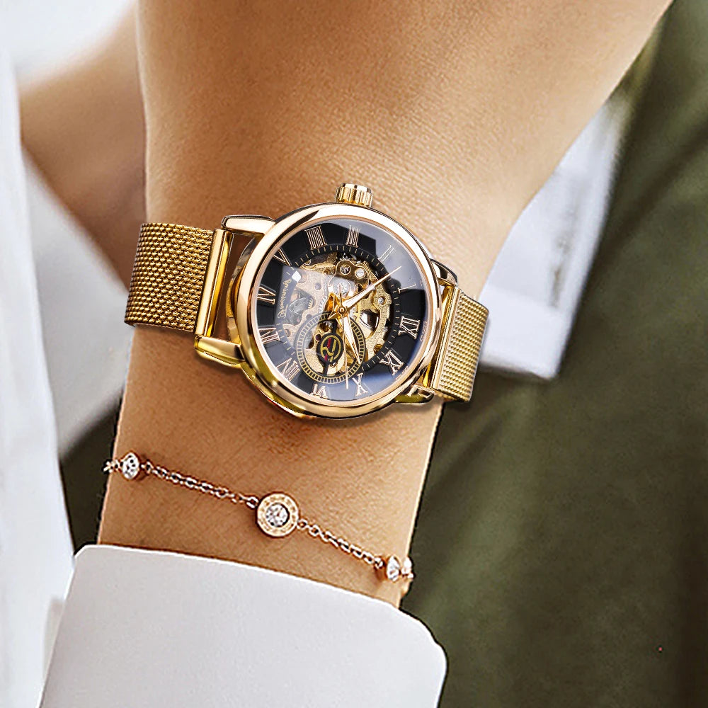 Fashion Luxury Rose Golden Skeleton Women Mechanical Watch Roman Numerals Transparent Watches Stainless Steel Clock