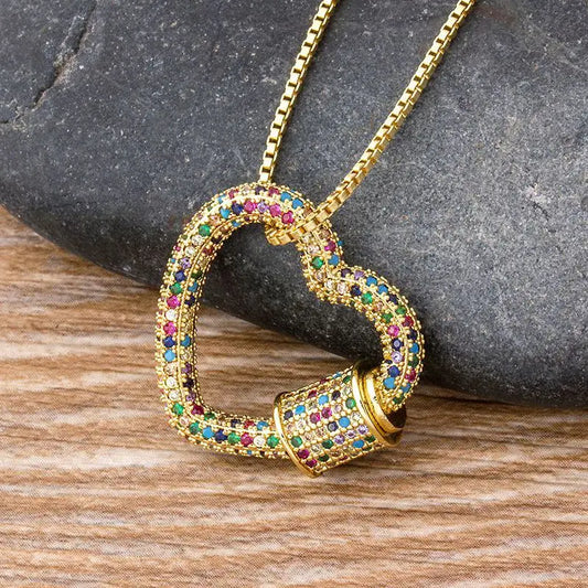 Rainbow Heart Carabiner Necklace – Gold Tone