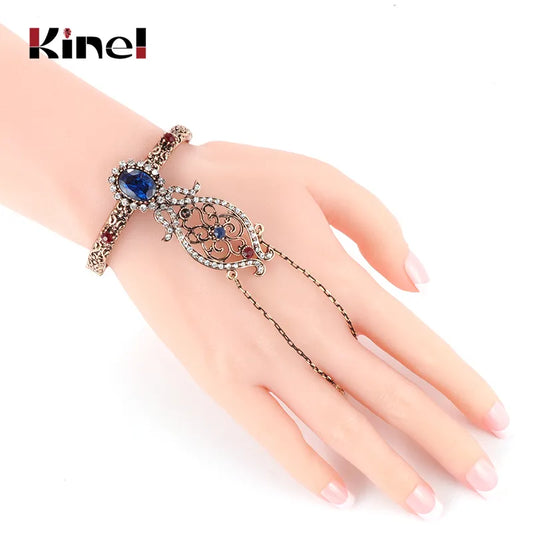 Charm Ethnic Cuff Bangle For Women Antique Gold Crystal Flower Indian Bracelet Link Finger Arabia Dance Vintage Jewelry