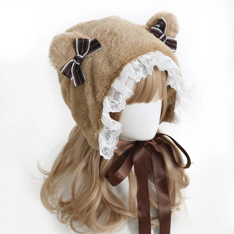 Cute fluffy bear lace hat