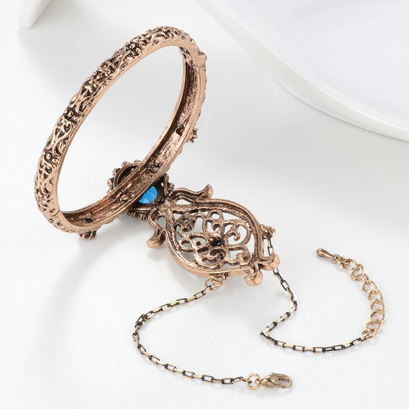 Charm Ethnic Cuff Bangle For Women Antique Gold Crystal Flower Indian Bracelet Link Finger Arabia Dance Vintage Jewelry