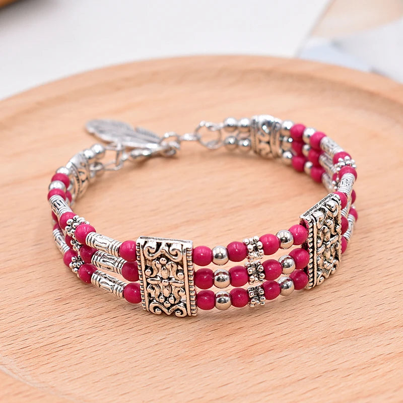 Natural Stone Feather Charm Bracelet - Bohemian Beaded Bracelet