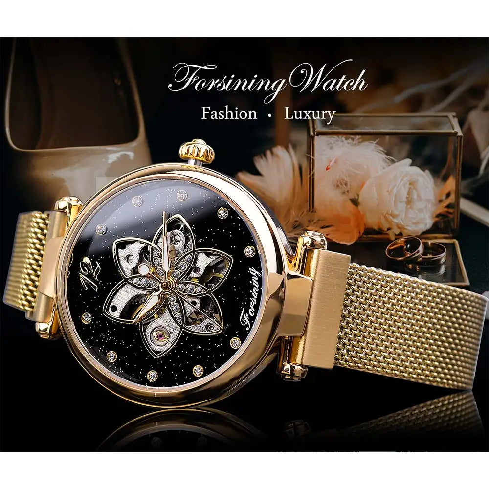 Mechanical Automatic Womens Watches Top Brand Luxury Diamond Creative Dial Gold Mesh Waterproof Fashion Ladies Watches