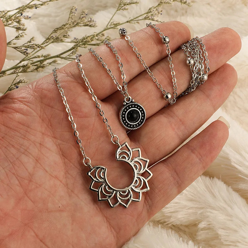 Multi-layer Tassel Water Drop Black Opening Flower Necklace