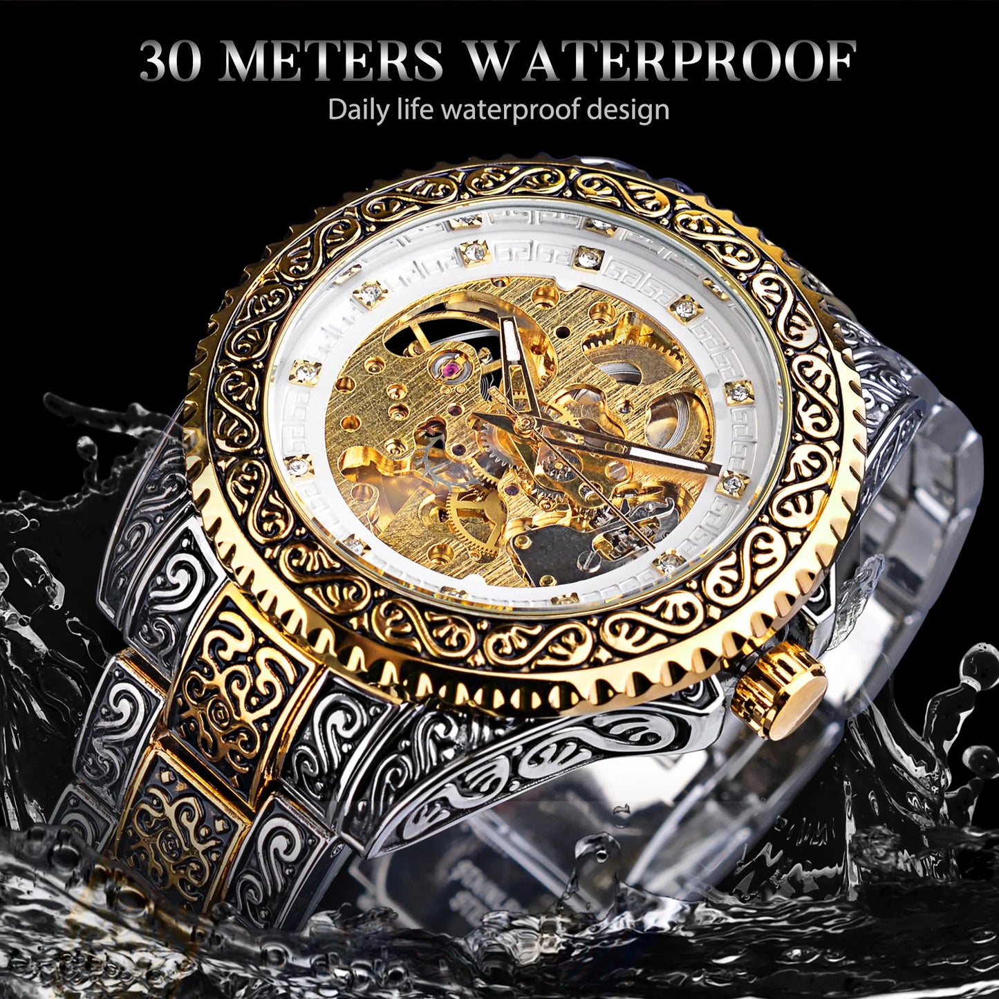 Golden Automatic Wristwatch Men Luxury Mechanical Watch Waterproof Diamond Analog Watches For Man Relogio Masculino