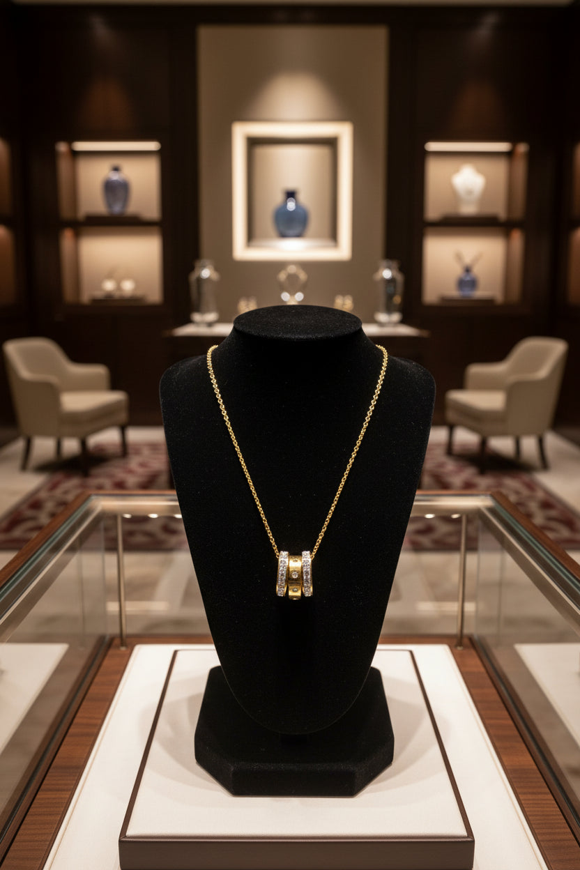 Three Zircon Circle Necklace - Minimalist Stainless Steel Pendant