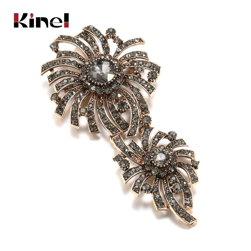 Hot Gray Crystal Flower Brooch Pin For Women Antique Gold Arabesque Rhinestone Brooch Lapel Scarf Broches Vintage Jewelry