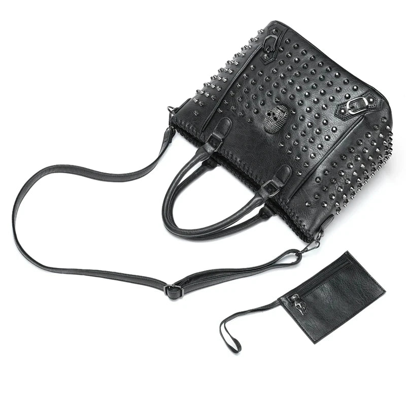 New Rivet Women  Pu Leather Crossbody Bag Purse Skull Handbag Quality Punk Shoulder Bags with Wallet Messenger Bag