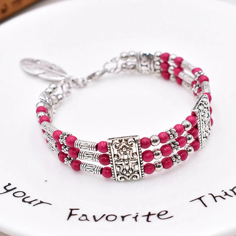 Natural Stone Feather Charm Bracelet - Bohemian Beaded Bracelet