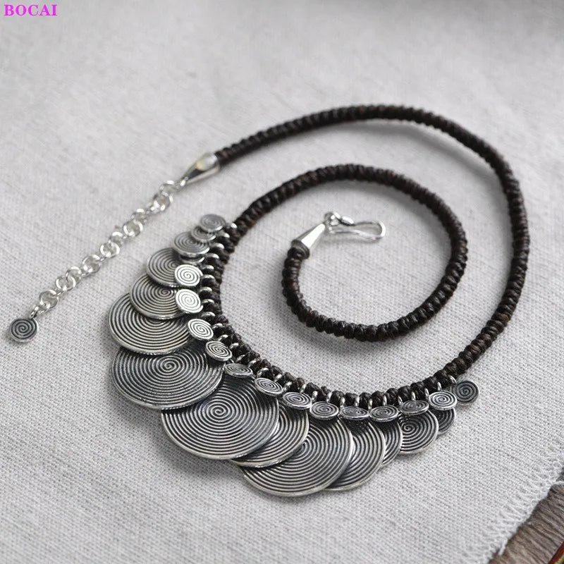 BOCAI Real Sterling Silver S925 Bracelet 2022 Retro Creative Design Woven Wax Rope-Chain Round Plate Pure Argentum Hand String