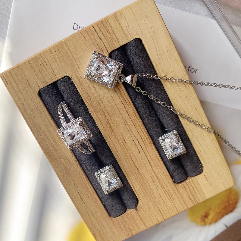 925 Silver Natural Zircon Fine Jewelry Sets Women Ring Necklace Earring for Bridal Wedding Jewelry Valentine's Day Gift