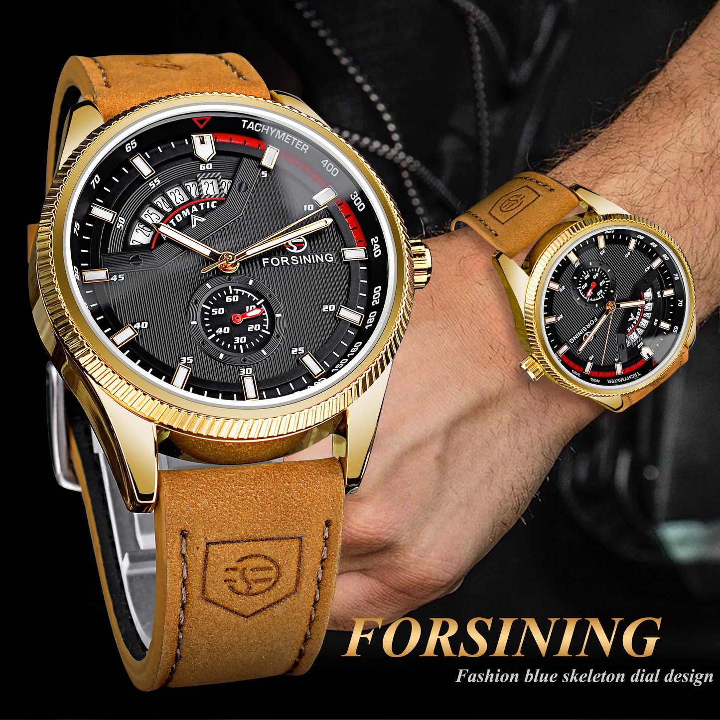 Forsining Men Mechanical Wristwatch Fashion Automatic Man Outdoor Watch With Date Display Leather Waterproof Analog Watches