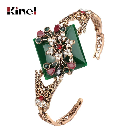 Green Big Bracelet For Women Vintage Jewelry Antique Gold Color Turkish Party Bracelets Bijouterie 2017 New Arrivals