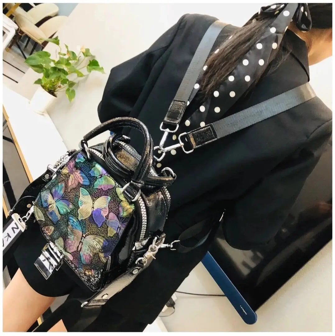 Women Vegan Leather Butterfly Small Size Backpack Female PU Leather Rhinestone Multi-pockets Travel Convertible Handbag Daypack