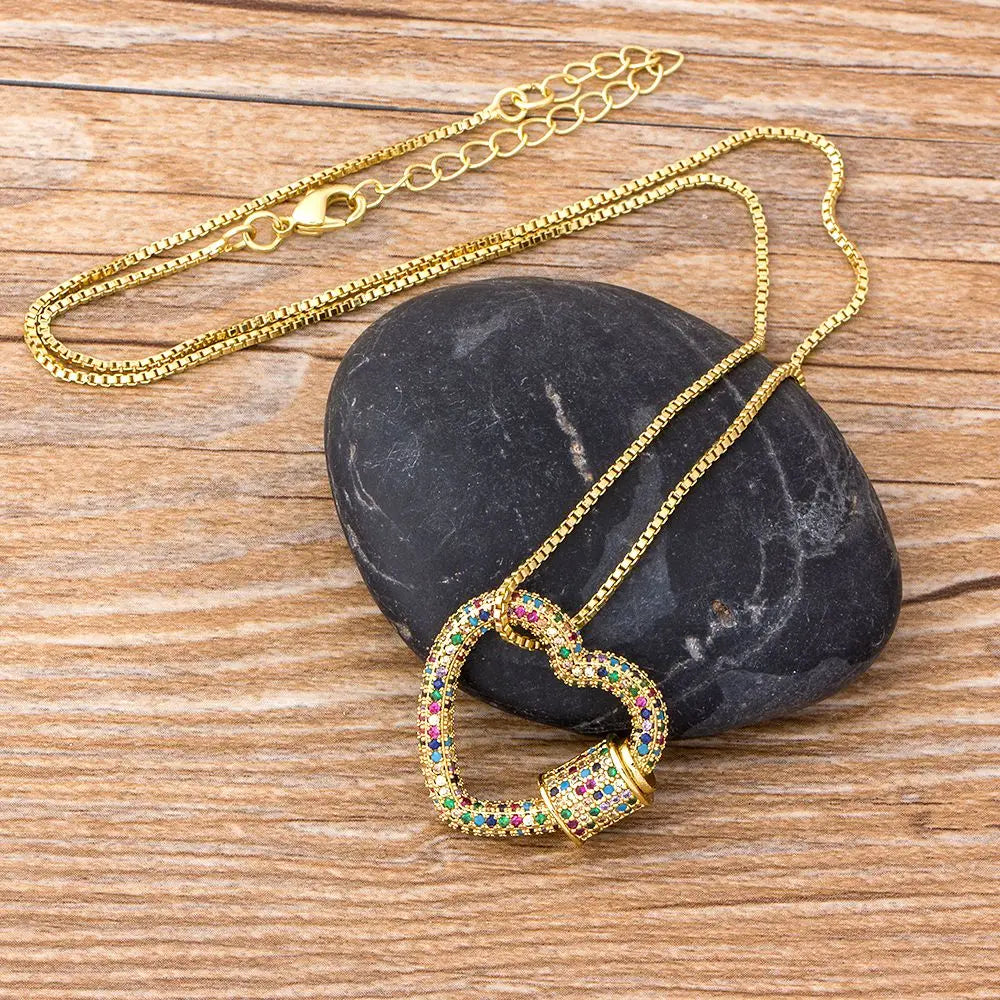Rainbow Heart Carabiner Necklace – Gold Tone