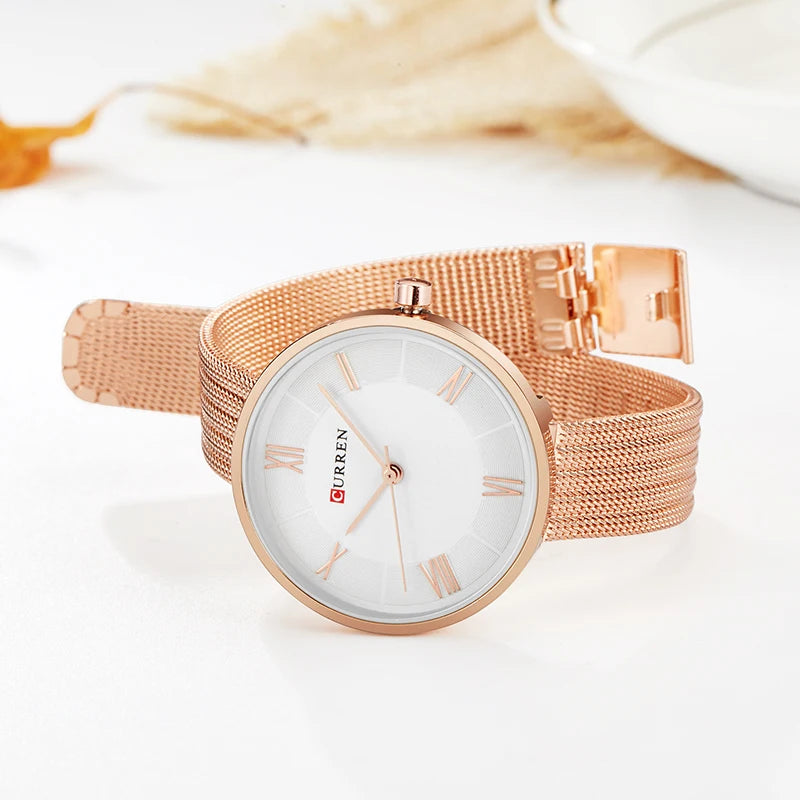 CURREN Women's Luxury Quartz Watch | Stainless Steel Mesh Band | Rose Gold | Waterproof
