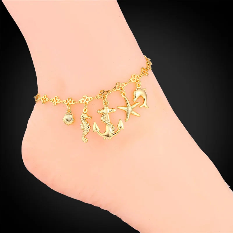 Jewelry Anklet Starfish&Dolphin Summer Jewelry Ocean Cute Yellow Gold/Silver Color Ankle Bracelet On A Leg