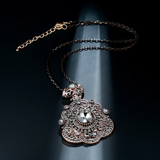 Bohemia Antique Gold Gray Crystal Statement Pendant Necklace