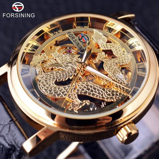 Forsining Chinese Dragon Skeleton Design Transparent Case Gold Watch Mens Watches Top Brand Luxury Mechanical Male Wrist Watch