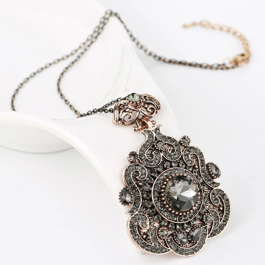 Bohemia Ethnic Necklace For Women Antique Gold Gray Crystal Statement Pendant Necklace Vintage Jewelry 2018 New Style