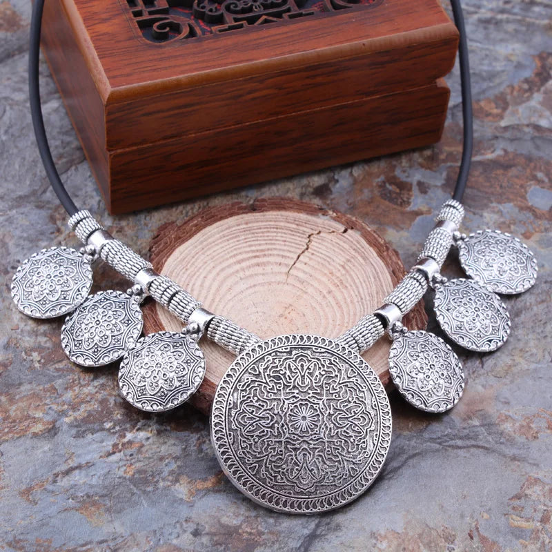 Bohemian Gypsy Vintage Ethnic Tibetan Big Carved Flower Round Tassels Pendants Necklaces For Women Statement Maxi Jewelry