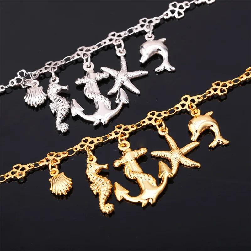 Jewelry Anklet Starfish&Dolphin Summer Jewelry Ocean Cute Yellow Gold/Silver Color Ankle Bracelet On A Leg