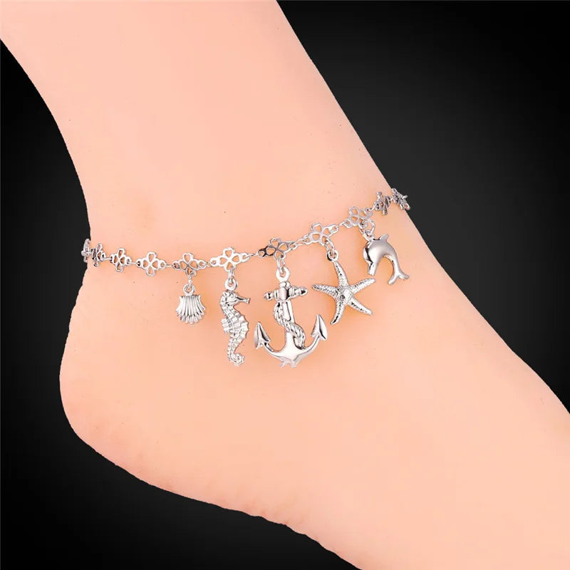 Jewelry Anklet Starfish&Dolphin Summer Jewelry Ocean Cute Yellow Gold/Silver Color Ankle Bracelet On A Leg