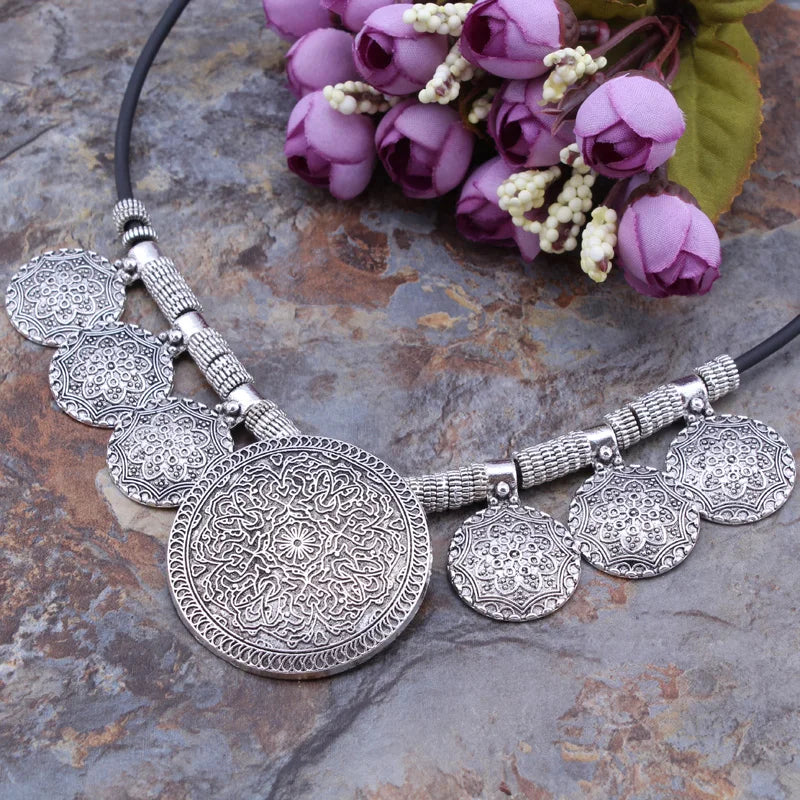 Bohemian Gypsy Vintage Ethnic Tibetan Big Carved Flower Round Tassels Pendants Necklaces For Women Statement Maxi Jewelry