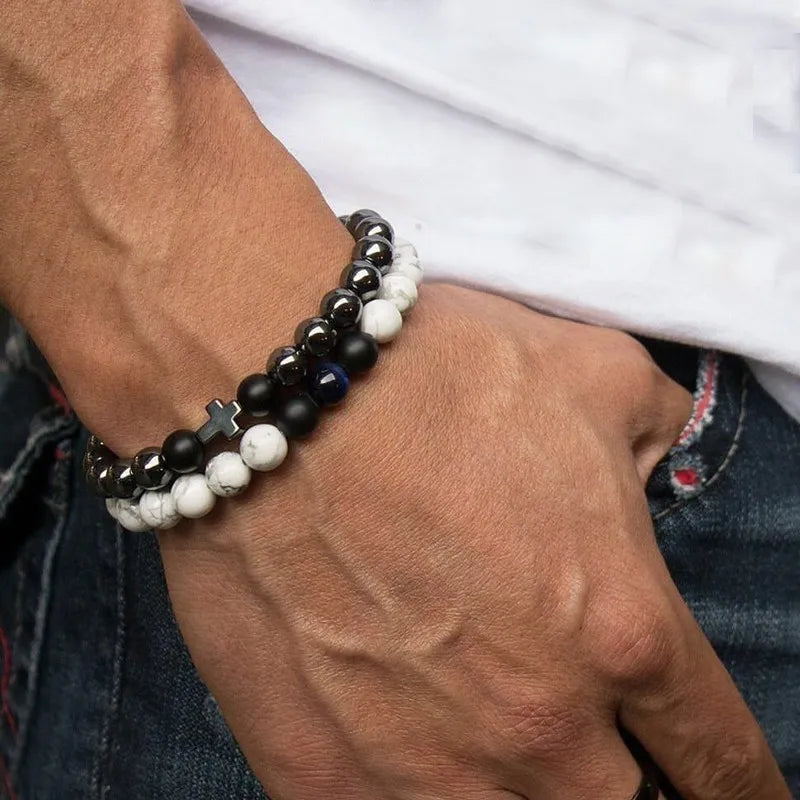 Two-piece beaded stone bracelet