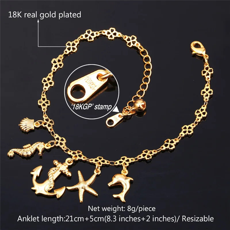 Jewelry Anklet Starfish&Dolphin Summer Jewelry Ocean Cute Yellow Gold/Silver Color Ankle Bracelet On A Leg