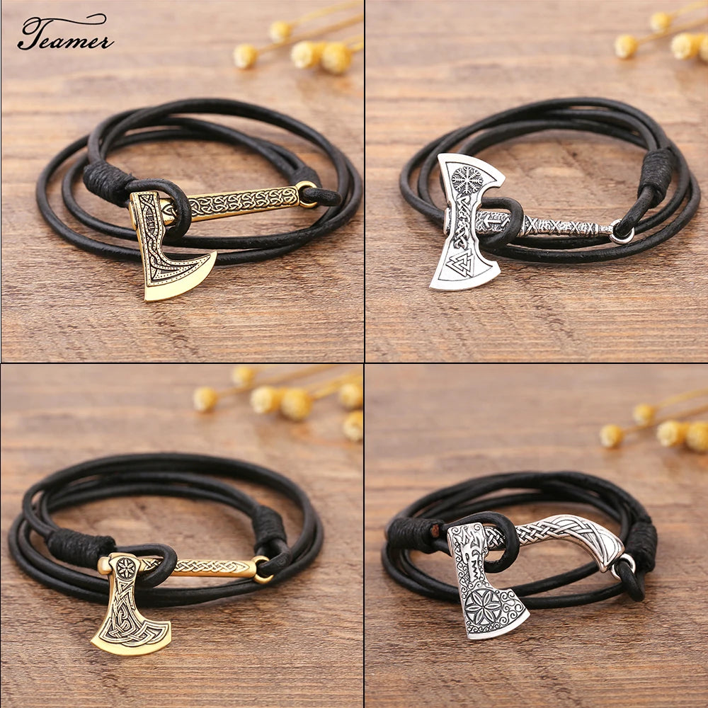 Teamer Mens Bracelet Axe Wrap Viking Bracelet for Men Leather Accessories Silver Color Hatchet Handmade Pirate Bracelet For Male