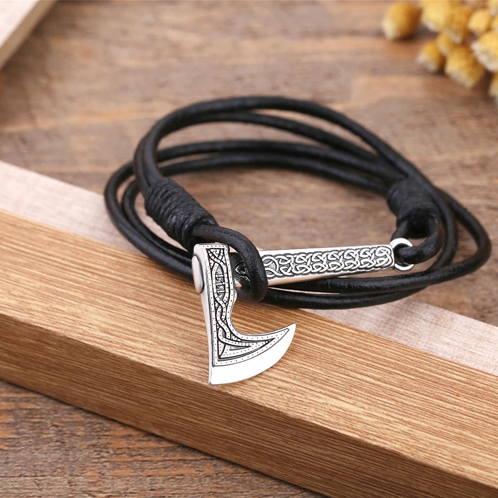 Teamer Mens Bracelet Axe Wrap Viking Bracelet for Men Leather Accessories Silver Color Hatchet Handmade Pirate Bracelet For Male