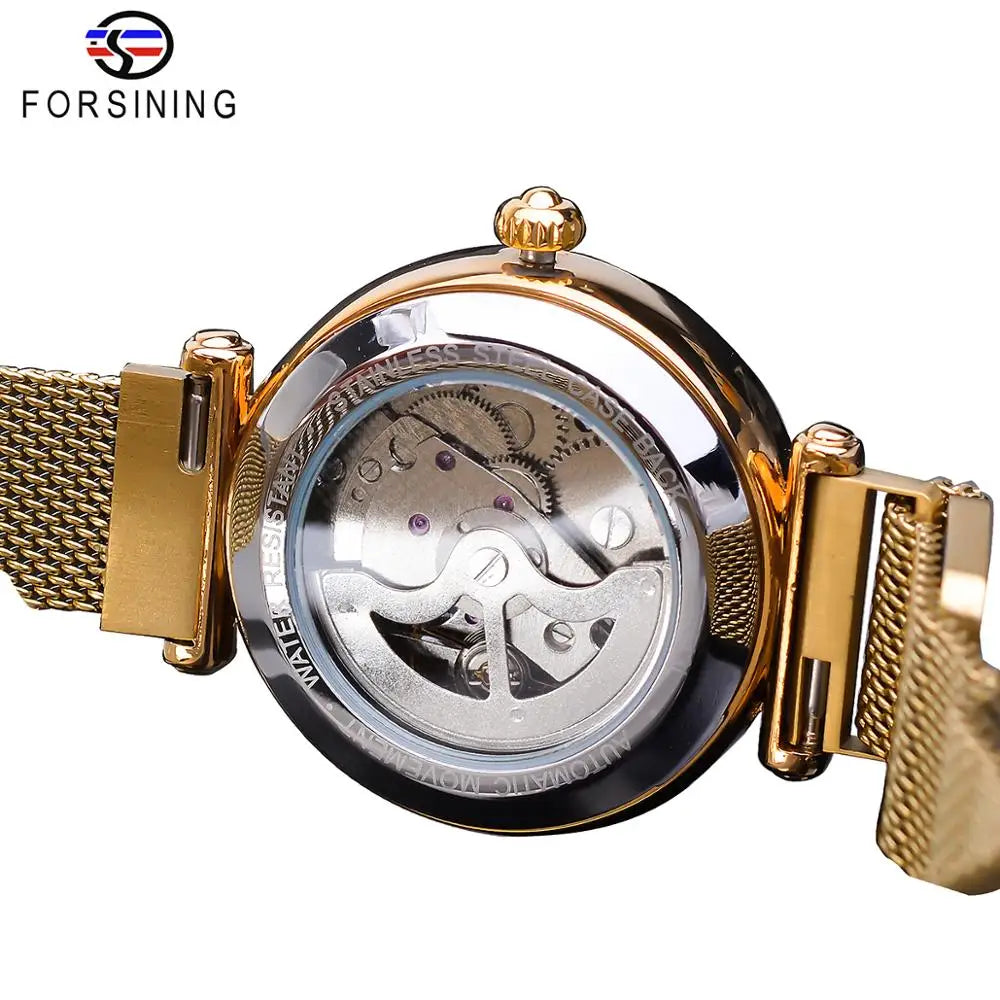 Mechanical Automatic Womens Watches Top Brand Luxury Diamond Creative Dial Gold Mesh Waterproof Fashion Ladies Watches