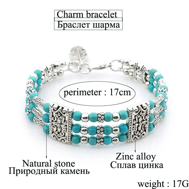 Natural Stone Feather Charm Bracelet - Bohemian Beaded Bracelet