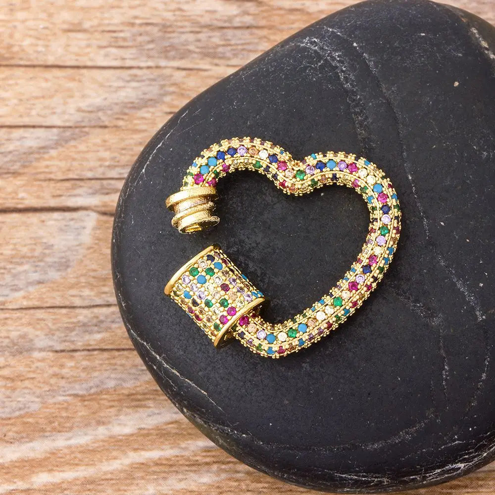 Rainbow Heart Carabiner Necklace – Gold Tone