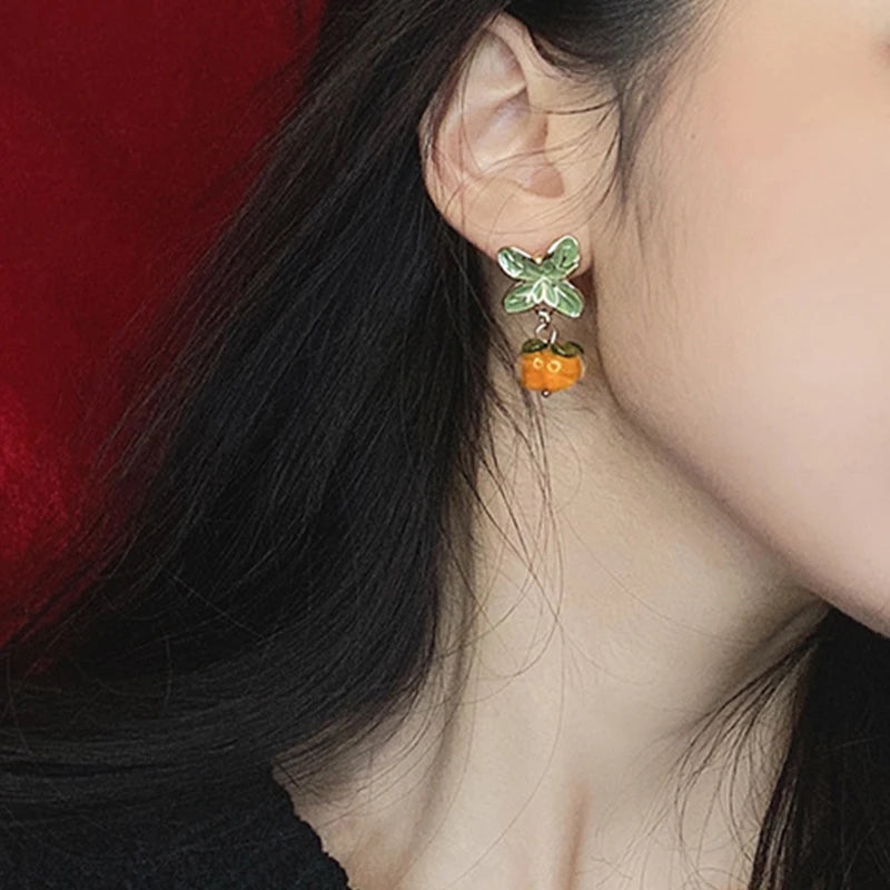 Persimmon Flower Leaf Stud Earrings