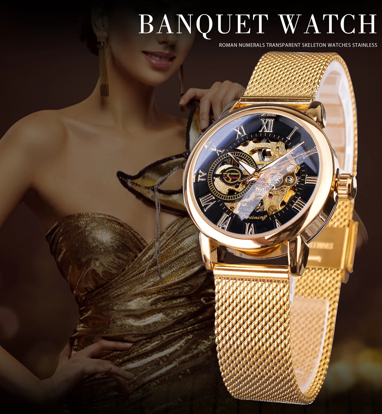 Fashion Luxury Rose Golden Skeleton Women Mechanical Watch Roman Numerals Transparent Watches Stainless Steel Clock