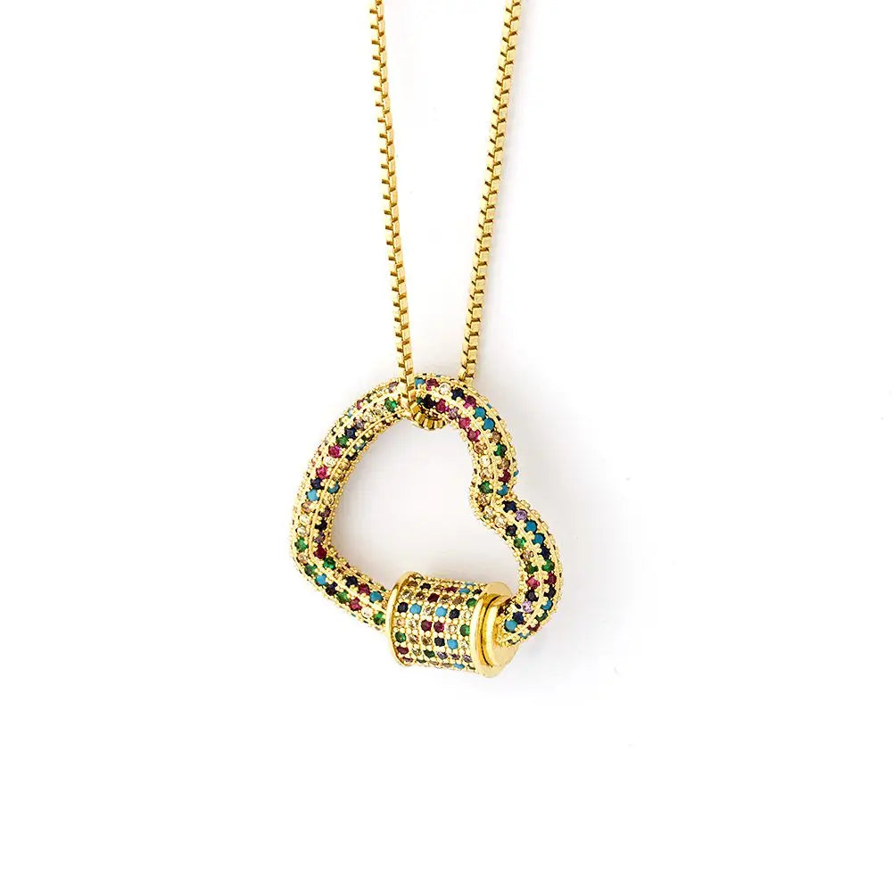 Rainbow Heart Carabiner Necklace – Gold Tone