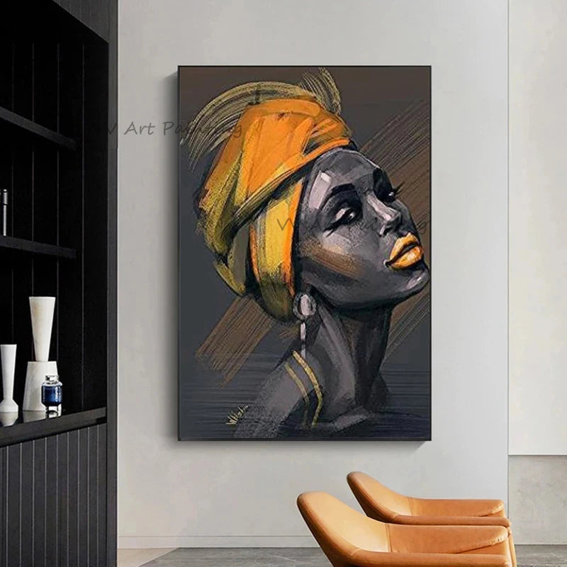 The Handpainted Black Woman African Scarf Girl Oil Paintings On Canvas Pictures No Framed Girl Mural Picuture for Decor Portrait