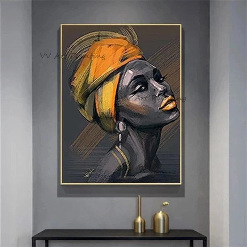 The Handpainted Black Woman African Scarf Girl Oil Paintings On Canvas Pictures No Framed Girl Mural Picuture for Decor Portrait