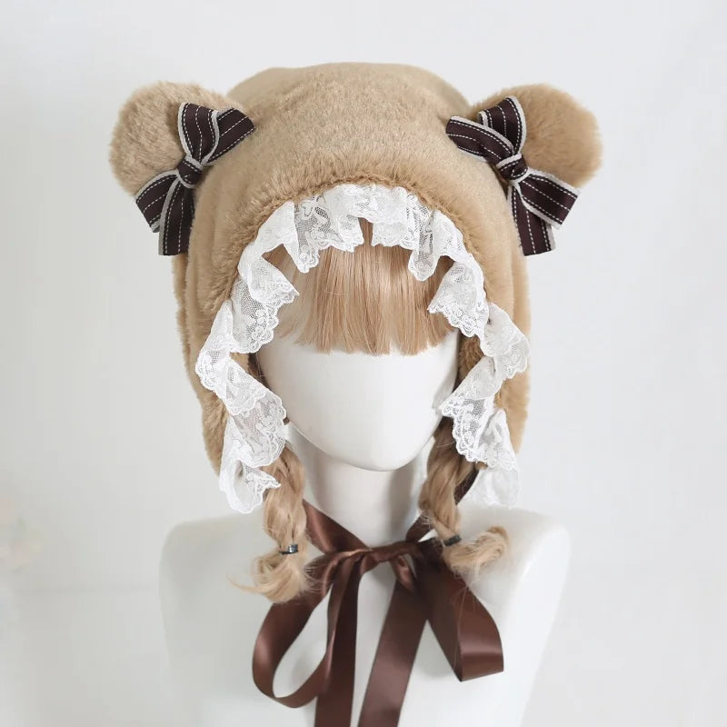 Cute fluffy bear lace hat