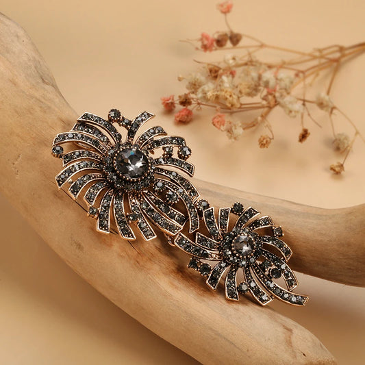 Antique Gold Gray Crystal Double Flower Brooch Pin