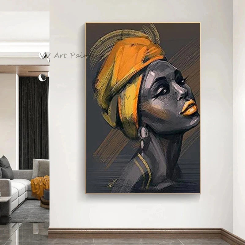 The Handpainted Black Woman African Scarf Girl Oil Paintings On Canvas Pictures No Framed Girl Mural Picuture for Decor Portrait