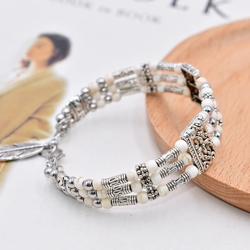 Natural Stone Feather Charm Bracelet - Bohemian Beaded Bracelet