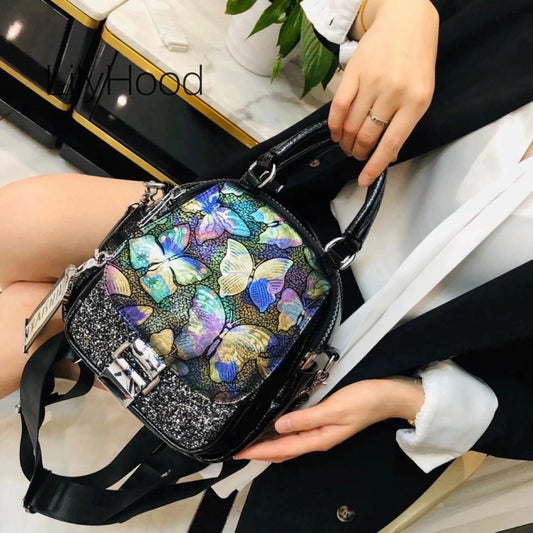 Women Vegan Leather Butterfly Small Size Backpack Female PU Leather Rhinestone Multi-pockets Travel Convertible Handbag Daypack