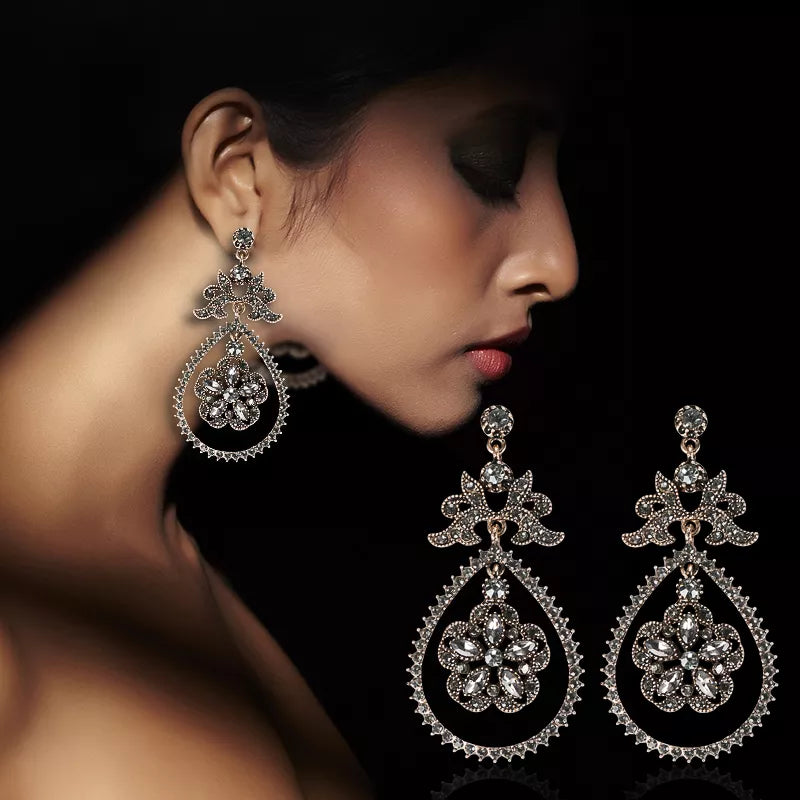 Luxury Gray Crystal Flower Bridal Earrings For Women Antique Gold Beach Party Water Drop Drop Earrings Vintage Jewelry