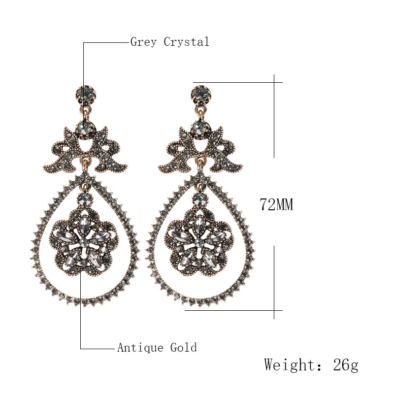 Luxury Gray Crystal Flower Bridal Earrings For Women Antique Gold Beach Party Water Drop Drop Earrings Vintage Jewelry